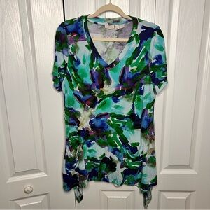 LOGO by Lori Goldstein Blue Green V-Neck Women Top Blouse Size Large L Stretch